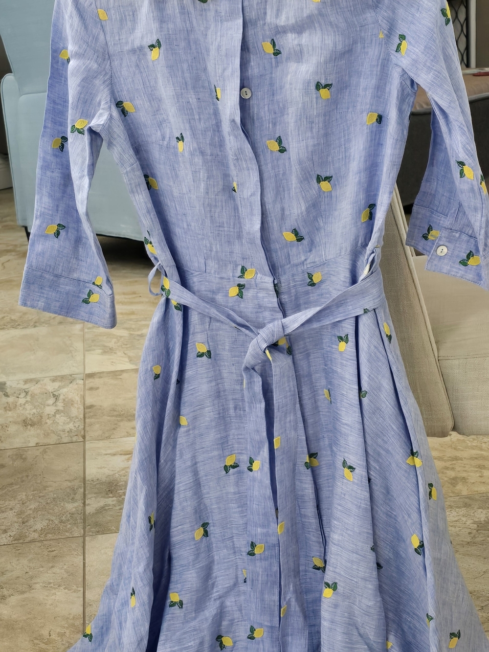 Blue Lemon-Print Midi Shirt Dress with Tie Waist